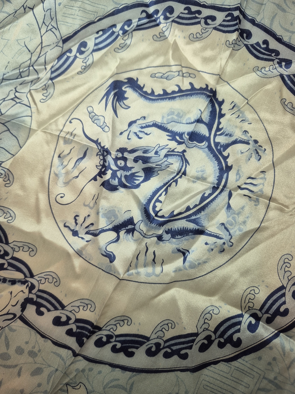 STORY OF SHANGHAI Blue/Cream Dragon & Vase Print 100% MULBERRY SILK SCARF